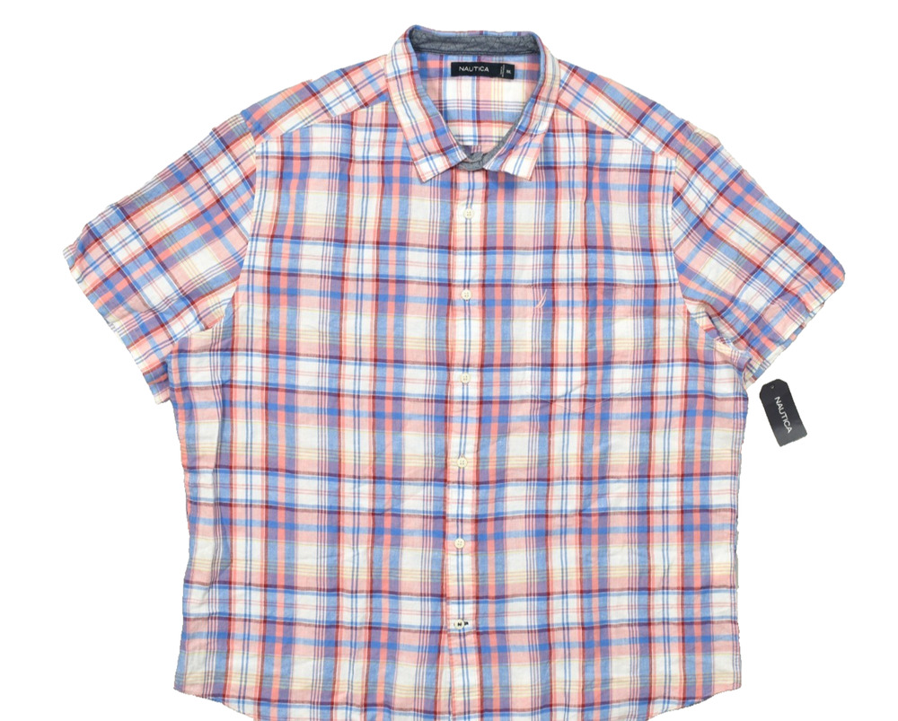 Nautica XXL Men Short Sleeve Button Down Shirt Pale Coral Plaid Linen Blend NWT